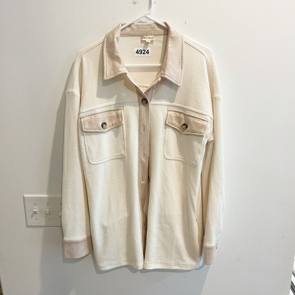 Hem & Thread Large Cream Ribbed Button Down Shacket Womens Long Sleeve Boho - Picture 4 of 15